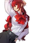  1girl absurdres arm_up bow breasts gekkoukan_high_school_uniform hair_over_one_eye hand_on_own_hip highres kirijou_mitsuru letro lipstick long_hair long_sleeves looking_at_viewer makeup open_mouth parted_lips persona persona_3 puffy_long_sleeves puffy_sleeves red_eyes red_hair red_lips s.e.e.s school_uniform skirt solo 