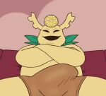 bottomwear brown_bottomwear brown_clothing chronobauble clothed clothing crossed_arms erection erection_under_clothing food fruit lemon male monster_l._ginger overweight overweight_male plant solo the_disastrous_life_of_saiki_k. topless topless_male