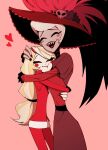  2girls blonde_hair charlie_morningstar closed_eyes grey_hair hat hazbin_hotel height_difference highres hug long_hair multiple_girls nai0524 rosie_(hazbin_hotel) sharp_teeth short_hair simple_background teeth 