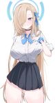  1girl absurdres asuna_(blue_archive) black_choker black_skirt blonde_hair blue_archive blue_bow blue_bowtie blue_eyes blue_halo blue_nails blue_ribbon blue_scrunchie bow bowtie breasts choker commentary_request fingernails hair_over_one_eye hair_ribbon halo highres large_breasts long_hair looking_at_viewer nail_polish nui_(nuinui0300) ribbon scrunchie short_sleeves simple_background skirt smile solo very_long_hair white_background wrist_scrunchie 