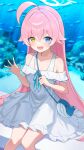  1girl absurdres ahoge aquarium bag blue_archive blue_eyes blush commentary_request dress fish frilled_dress frills hair_between_eyes halo heterochromia highres hoshino_(blue_archive) kokoa_of long_hair looking_at_viewer official_alternate_costume open_mouth pink_hair pink_halo shoulder_bag sitting smile solo white_dress yellow_eyes 