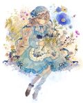  1girl aoyagi874 apron blonde_hair blue_dress blue_eyes bow braid brown_footwear center_frills dress floral_background floral_print flower frilled_apron frilled_dress frilled_sleeves frilled_socks frills full_body hat highres lolita_fashion long_hair low_twin_braids mob_cap original painting_(medium) puffy_sleeves ribbon sidelocks sleeve_cuffs socks solo sweet_lolita traditional_media twin_braids very_long_hair watercolor_(medium) watering_can white_apron white_background white_socks 