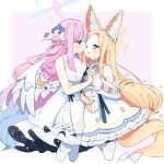  2girls angel_wings animal_ear_fluff animal_ears bare_shoulders blonde_hair blue_archive blush breasts detached_sleeves dress extra_ears feathered_wings flat_chest flower fox_ears hair_bun hair_flower hair_ornament halo long_hair medium_breasts mika_(blue_archive) multiple_girls one_eye_closed open_mouth pantyhose pink_hair pink_halo purple_flower seia_(blue_archive) single_side_bun sleeveless sleeveless_dress smile striped_clothes striped_pantyhose vertical-striped_clothes vertical-striped_pantyhose white_dress white_pantyhose white_sleeves white_wings wings yellow_eyes yellow_halo yun_(dust-i1) yuri 