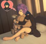  1boy 1girl barefoot bed bernadetta_von_varley blue_eyes byleth_(fire_emblem) byleth_(fire_emblem)_(male) commentary_request feet fire_emblem fire_emblem:_three_houses garreg_mach_monastery_uniform green_eyes green_hair hood hood_down legs looking_at_viewer messy_hair mixed-language_commentary object_hug pillow purple_hair rimviolet short_hair shorts shorts_under_skirt sitting smile soles solo_focus stuffed_animal stuffed_toy teddy_bear thought_bubble toes 