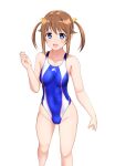  1girl absurdres blue_eyes blue_one-piece_swimsuit brown_hair collarbone commentary_request covered_navel cowboy_shot high_school_fleet highleg highleg_swimsuit highres misaki_akeno one-piece_swimsuit sidelocks simple_background solo swimsuit takafumi twintails two-tone_swimsuit white_background 
