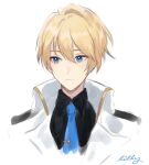  1boy black_shirt blonde_hair blue_eyes blue_neckwear closed_mouth doodle english_commentary hair_between_eyes holostars jacket kishido_temma looking_to_the_side male_focus necktie riri_zuran shirt short_hair signature simple_background solo upper_body virtual_youtuber white_background white_jacket 