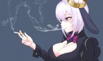  1girl animal_ears aogiri_koukou artist_logo black_shirt blue_eyes bora_(karasumin0) bow bowtie breasts cigarette cleavage cleavage_cutout clothing_cutout crown dated frilled_shirt frills grey_background hair_between_eyes heart_cutout highres holding holding_cigarette lop_rabbit_ears purple_bow purple_bowtie rabbit_ears shirt smoking solo upper_body virtual_youtuber white_hair yamaguro_nekuro 