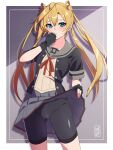  1girl absurdres abukuma_(kancolle) abukuma_kai_ni_(kancolle) bike_shorts bike_shorts_under_skirt black_gloves black_shorts blonde_hair blue_eyes blush cameltoe closed_mouth clothes_lift cowboy_shot double_bun fingernails gloves grey_sailor_collar grey_skirt hair_bun hair_rings highres kantai_collection lifted_by_self long_hair looking_at_viewer partially_fingerless_gloves pleated_skirt sailor_collar sebunsu short_sleeves shorts skirt skirt_lift solo 