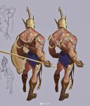  1boy absurdres back back_focus blood body_markings brown_hair facing_away from_behind full_body helmet highres holding holding_shield league_of_legends male_focus multiple_views pantheon_(league_of_legends) pelvic_curtain shield standing xkov_(cerberuskeeper) 