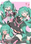  1girl ? ?? absurdres black_gloves black_skirt blue_hair blue_necktie blush breasts elbow_gloves gloves hatsune_miku highres looking_at_viewer medium_breasts necktie one_eye_closed open_mouth pink_ribbon pleated_skirt ribbon skirt sleeveless solo twintails uruti_2388 vocaloid 