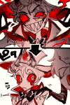  147654y 1boy 1girl blush_stickers charlie_morningstar colored_sclera demon demon_boy evil_grin evil_smile grin hazbin_hotel highres long_hair looking_at_viewer red_sclera sharp_teeth smile spot_color suit teeth white_headwear 