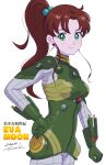  1girl absurdres bishoujo_senshi_sailor_moon bodysuit breasts brown_hair cosplay earrings evangelion:_2.0_you_can_(not)_advance flower_earrings green_bodysuit green_eyes highres jewelry kino_makoto looking_at_viewer makinami_mari_illustrious makinami_mari_illustrious_(cosplay) medium_breasts neon_genesis_evangelion pilot_suit plugsuit ponytail rebuild_of_evangelion sidelocks simple_background tsunemoku white_background 