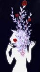  1girl black_background chinese_commentary commentary_request completely_nude cowboy_shot flower hands_up highres light_particles nude original red_flower red_rose roots rose short_hair silhouette simple_background solo suancai_mie 