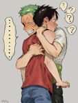  ... 2boys ? black_eyes black_hair blush cowboy_shot ear_blush green_hair grey_background haramaki highres hug male_focus monkey_d._luffy multiple_boys nsozp one_piece roronoa_zoro scar scar_on_cheek scar_on_face short_hair sideburns simple_background speech_bubble spoken_ellipsis spoken_question_mark sweat yaoi 