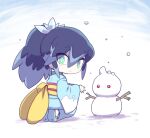  1girl blue_hair blush fubukihime green_eyes high_ponytail japanese_clothes kimono kneeling long_hair looking_at_viewer looking_back multicolored_hair nollety snow snowman solo two-tone_hair youkai_(youkai_watch) youkai_watch 