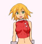  1girl blonde_hair breasts green_eyes impossible_clothes long_hair looking_at_viewer mega_man_(series) mega_man_legends_(series) midriff navel nishi_tanuki open_mouth roll_caskett_(mega_man) simple_background solo white_background 