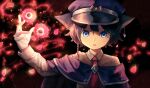  1boy anemone_(flower) animal_ears black_background blue_eyes brooch cat_boy cat_ears ear_piercing flower gloves hat jewelry long_sleeves magic male_focus original petals piercing red_neckwear short_hair upper_body white_gloves wizard yuichi10no 