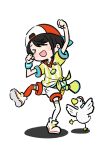  &gt;_&lt; 1girl baseball_cap bird brown_hair chibi dancing duck egokorokid hat highres hololive oozora_subaru oozora_subaru_(1st_costume) shirt shoes short_hair shorts simple_background smile sneakers socks solo striped_clothes striped_shirt subaru_duck sweatband vertical-striped_clothes virtual_youtuber white_background 