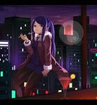  1girl absurdres black_pantyhose building cigarette city coat cocktail_glass commission cup drinking_glass fur-trimmed_coat fur_trim giant giantess highres holding holding_cigarette jill_stingray long_hair long_sleeves looking_at_viewer necktie numazume open_clothes open_coat open_mouth pantyhose purple_hair purple_vest red_eyes red_necktie second-party_source shirt sitting skeb_commission smoke smoking solo twintails va-11_hall-a vest white_shirt 