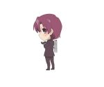  1girl bazett_fraga_mcremitz black_footwear black_gloves blush boots chibi chibi_only closed_mouth fate/kaleid_liner_prisma_illya fate_(series) full_body gloves jacket long_sleeves pants profile purple_eyes purple_hair shoes short_hair simple_background solo suit white_background 