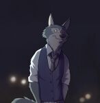 anthro arms_by_side beastars black_necktie black_nose blue_body blue_clothing blue_fur blue_topwear blue_vest blurred_background bottomwear buttoned_clothing canid canine canis cel_shading clothed clothing collared_shirt fluffy fluffy_tail front_view fur hi_res legoshi_(beastars) looking_away male mammal necktie night paintfox pants rolled_up_sleeves school_uniform shaded shadow shirt simple_background slim solo standing tail topwear uniform vest white_clothing white_shirt white_topwear wolf