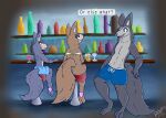  abs anthro bar barstool bottomless bottomless_female bottomwear bra bulge canid canine canis clothed clothing cock_bulge dialogue female fluffy fluffy_tail genital_outline group hi_res husband_and_wife male mammal married_couple penis_outline relarity shorts signature sitting underwear wolf 