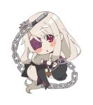  1girl black_footwear black_thighhighs blonde_hair blush blush_stickers boots chain chibi commentary_request detached_sleeves eyepatch fate/kaleid_liner_prisma_illya fate_(series) full_body hair_between_eyes illyasviel_von_einzbern long_hair looking_at_viewer magical_girl one_eye_covered open_mouth red_eyes simple_background solo thigh_strap thighhighs very_long_hair weapon white_background 