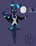 absurd_res anthro aurabutt beverage big_breasts bow_tie breasts clothing dialogue eeveelution female footwear generation_2_pokemon glowing glowing_eyes hi_res high_heels magician nintendo pokemon pokemon_(species) psychic shiny_pokemon smile speech_bubble umbreon zee_(aurabutt)