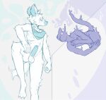  anthro arm_tuft balls canid canine claws elbow_tufts empty_eyes erection eye_contact feet floating fluffy fluffy_tail foreskin gem genitals ghost hand_on_leg lawyerdog levitation looking_at_another male male/male mammal moot_point nude penis phasing_through_wall purple_body scarf simple_background snout spirit tuft uncut unknown_species whiskers 