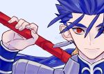  1boy armor blue_background blue_hair closed_mouth cu_chulainn_(fate) cu_chulainn_(fate/stay_night) earrings expressionless fate/stay_night fate_(series) fingernails gae_bolg_(fate) highres holding holding_polearm holding_weapon jewelry kouren_(k01_numa) long_hair looking_at_viewer low_ponytail male_focus polearm portrait red_eyes shoulder_armor simple_background solo straight-on twitter_username weapon 