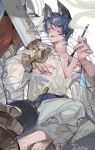  1boy animal_ears bishounen calligraphy_brush character_request copyright_request cowboy_shot fox_boy fox_ears gslkey highres japanese_clothes kimono male_focus open_clothes open_mouth paintbrush purple_eyes purple_hair short_hair sitting smile solo 