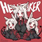  3girls absurdres animal_ears belt black_belt black_gloves black_necktie black_vest cerberus_(helltaker) dog_ears fangs gloves helltaker highres iparupua long_hair looking_at_viewer multiple_girls necktie red_background red_eyes red_shirt shirt smile triplets vest white_hair 