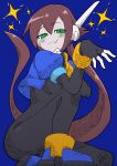  1girl absurdres aile_(mega_man_zx) black_bodysuit blue_jacket bodysuit bottomless breasts brown_hair buzzlyears cropped_jacket fang green_eyes highres jacket large_breasts long_hair looking_at_viewer mega_man_(series) mega_man_zx mega_man_zx_advent open_clothes open_jacket ponytail skin_fang smug solo 