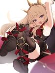  1girl :d absurdres arm_up armpits black_footwear black_theme blonde_hair blunt_bangs boots bracer cagliostro_(granblue_fantasy) cape chocpocalypse commentary crown full_body gold_trim granblue_fantasy hairband highres long_hair looking_at_viewer open_mouth purple_eyes shoe_soles simple_background smile solo spiked_hairband spikes thighhighs thighs white_background 