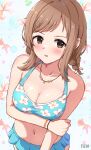  1girl anime_coloring artist_name bikini blue_bikini blush breasts brown_eyes brown_hair cleavage collarbone fish_background floral_print hair_ornament hairclip highres idolmaster idolmaster_shiny_colors jewelry large_breasts navel necklace parted_lips print_bikini sakuragi_mano solo standing swimsuit tenpa_(tenpa2190) watermark 