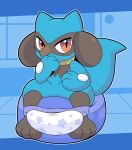 alliwaise ambiguous_gender anthro clothed clothing diaper diaper_only generation_4_pokemon hi_res looking_at_viewer nintendo pokemon pokemon_(species) potty potty_chair potty_training pull-ups_(diaper) riolu solo topless underwear