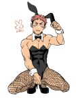  1boy alternate_costume animal_ears bulge crossdressing detached_collar facial_mark fishnet_pantyhose fishnets full_body hand_on_own_ear itadori_yuuji jujutsu_kaisen leotard looking_at_viewer male_focus male_playboy_bunny pantyhose pectoral_cleavage pectorals pulling_own_ear rabbit_ears solo spiked_hair squatting thick_eyebrows toned toned_male undercut wa_(chichi_chichin) wrist_cuffs 