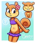 2024 accessory blush clothed clothing disfigure female flat_chested flower flower_in_hair hair hair_accessory mammal nickelodeon plant question_mark rodent sandy_cheeks sciurid smile solo spongebob_squarepants standing topless topwear tree_squirrel wardrobe_malfunction