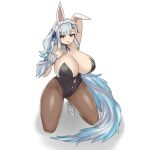  1girl animal_ears arm_behind_head arm_up ass_visible_through_thighs bangs bare_legs bare_shoulders blue_hair blue_neckwear blue_ribbon borrowed_character breasts bunny_ears collarbone commentary commission english_commentary eyebrows_visible_through_hair gradient_hair grey_hair hand_on_own_chest high_heels highres huge_breasts kikimora_(monster_girl_encyclopedia) long_hair looking_at_viewer maid_headdress mole mole_on_breast monster_girl monster_girl_encyclopedia multicolored_hair nav navel neck_ribbon original pink_eyes ribbon simple_background solo tail white_background 