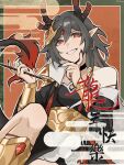  1girl :d black_border black_hair black_nails border chinese_clothes chinese_new_year chinese_zodiac dragon_horns earrings fake_horns fingernails fu_hua fu_hua_(herrscher_of_sentience) grin hair_ornament highres holding holding_smoking_pipe honkai_(series) honkai_impact_3rd horns jewelry kiseru long_hair looking_at_viewer michuan_ximo nail_polish pointy_ears red_background red_eyes sharp_fingernails single_earring smile smoking smoking_pipe solo teeth year_of_the_dragon 