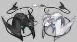 black_horns blue_eyes diffraction_spikes dragon from_side full_body glowing glowing_eyes grey_background highres horns monsterification mouse_(computer) no_humans omarumaru open_mouth original reference_inset robot sharp_teeth simple_background spikes tail teeth white_horns wings wyvern 