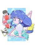  2girls animal blue_eyes blue_hair bow breasts circle dual_persona hair_bow highres medium_hair multiple_girls panda punch121ykk ranma-chan ranma_1/2 saotome_genma_(panda) saotome_ranma tendou_akane triangle twitter_username yellow_bow 