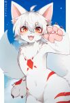 4_fingers anthro blush blush_lines canid canine dndnkm featureless_crotch fingers fox fur hi_res kemono looking_at_viewer male mammal markings orange_eyes red_markings slim_anthro slim_male smile smiling_at_viewer solo white_body white_fur