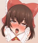  1girl ascot bare_shoulders blush bow breasts brown_hair commentary_request cropped_torso detached_sleeves frilled_bow frilled_shirt_collar frills hair_bow hakurei_reimu half-closed_eyes head_tilt long_hair looking_at_viewer nose_blush open_mouth red_bow red_eyes red_shirt sexually_suggestive shirt simple_background sleeveless sleeveless_shirt small_breasts solo sound_effects sweat teeth tongue tongue_out touhou translation_request vanishingknife white_sleeves yellow_ascot 