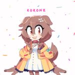  1girl :3 :d animal_collar animal_ears animal_nose beige_fur blush body_fur bone_hair_ornament braid brown_eyes brown_fur brown_hair cartoon_bone collar confetti cowboy_shot dog dog_ears dog_girl dog_tail eyelashes fangs furrification furry hair_ornament hololive inugami_korone jacket long_hair looking_to_the_side motobug open_mouth red_collar red_wristband short_sleeves simple_background smile solo sonic_the_hedgehog standing tail twin_braids two-tone_fur white_background wristband yellow_jacket 