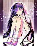  1girl artist_name blurry_border clothing_request full_body head_tilt highres idawnrunner long_hair looking_at_viewer mari_(omori) omori oversized_clothes oversized_shirt purple_eyes purple_hair shirt sitting smile socks solo thighs very_long_hair white_shirt white_socks 