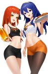  2girls absurdres aqua_eyeshadow bare_shoulders beer_mug blue_eyes blue_hair chicken_(food) chicken_wing commission commissioner_upload cup dhokidoki eyeliner eyeshadow facial_mark fire_emblem fire_emblem_awakening fire_emblem_engage food hair_between_eyes highres holding holding_cup holding_plate hooters lucina_(fire_emblem) makeup midriff mug multiple_girls navel non-web_source open_mouth orange_hair panette_(fire_emblem) plate red_eyeliner short_bangs stitched_mouth stitches tiara transparent_background yellow_eyes 