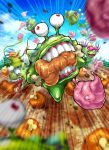  blue_sky cloud day digimon digimon_(creature) eating flower food highres meat no_humans numemon oden_(odenzzi) open_mouth outdoors palmon petals sharp_teeth sky teeth tongue tongue_out vegimon 