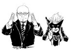  2boys absurdres bald blonde_hair formal glasses gloves highres kamiya_hideki mask monochrome multiple_boys nakamura_ikumi_(artist) necktie real_life suit the_wonderful_101 wonder_red 