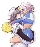  2girls alfaidopasta baseball_cap baseball_uniform blush breasts cheerleader crop_top english_commentary gloves grey_hair hat heart highres honkai:_star_rail honkai_(series) long_sleeves march_7th_(honkai:_star_rail) medium_hair midriff miniskirt multiple_girls pink_hair pom_pom_(cheerleading) simple_background skirt small_breasts sportswear stelle_(honkai:_star_rail) trailblazer_(honkai:_star_rail) white_background yellow_eyes yuri 